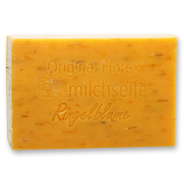 Schafmilchseife eckig 150g auf Olivenholz-Seifenschale "Wohlfühlzeit", Ringelblume