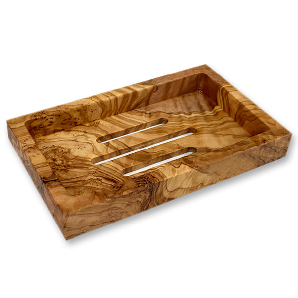 Schafmilchseife Olivenholz-Seifenschale "Wohlfühlzeit", Zirbe