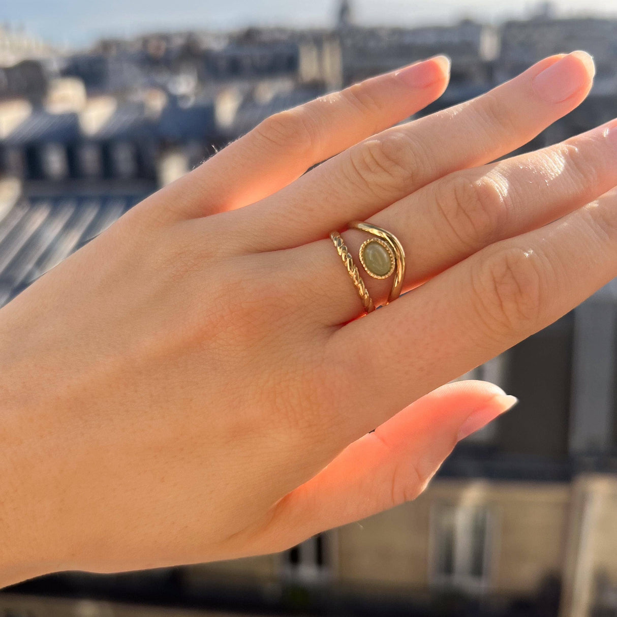 Victoire Collection Damenring mit grünem Achat – Edelstahl Gold